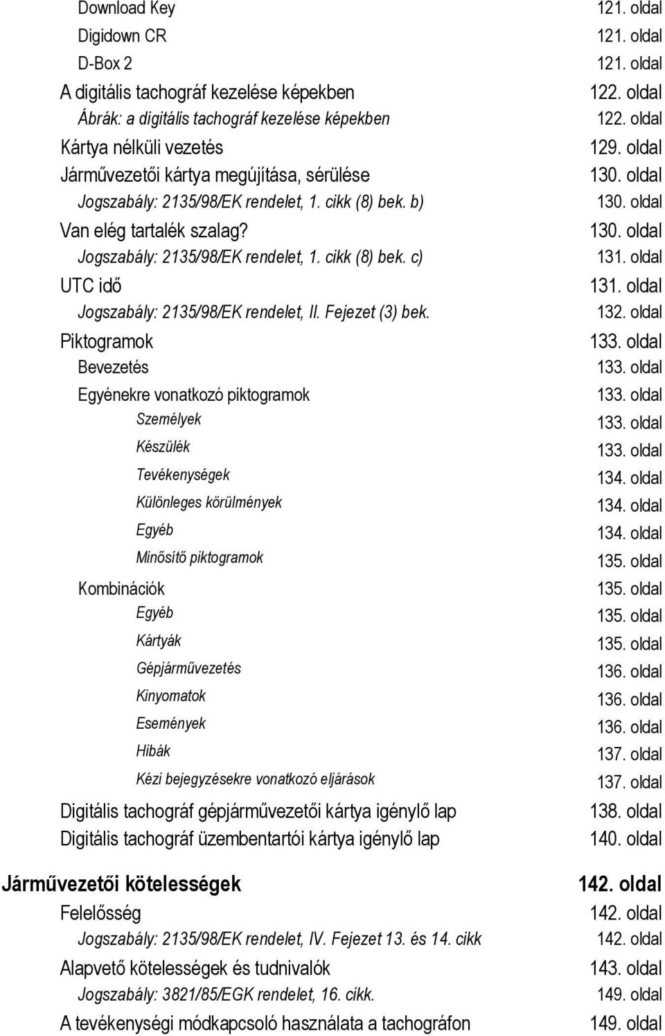 Piktogramok Bevezetés Egyénekre vonatkozó piktogramok Személyek Készülék Tevékenységek Különleges körülmények Egyéb Minősítő piktogramok Kombinációk Egyéb Kártyák Gépjárművezetés Kinyomatok Események