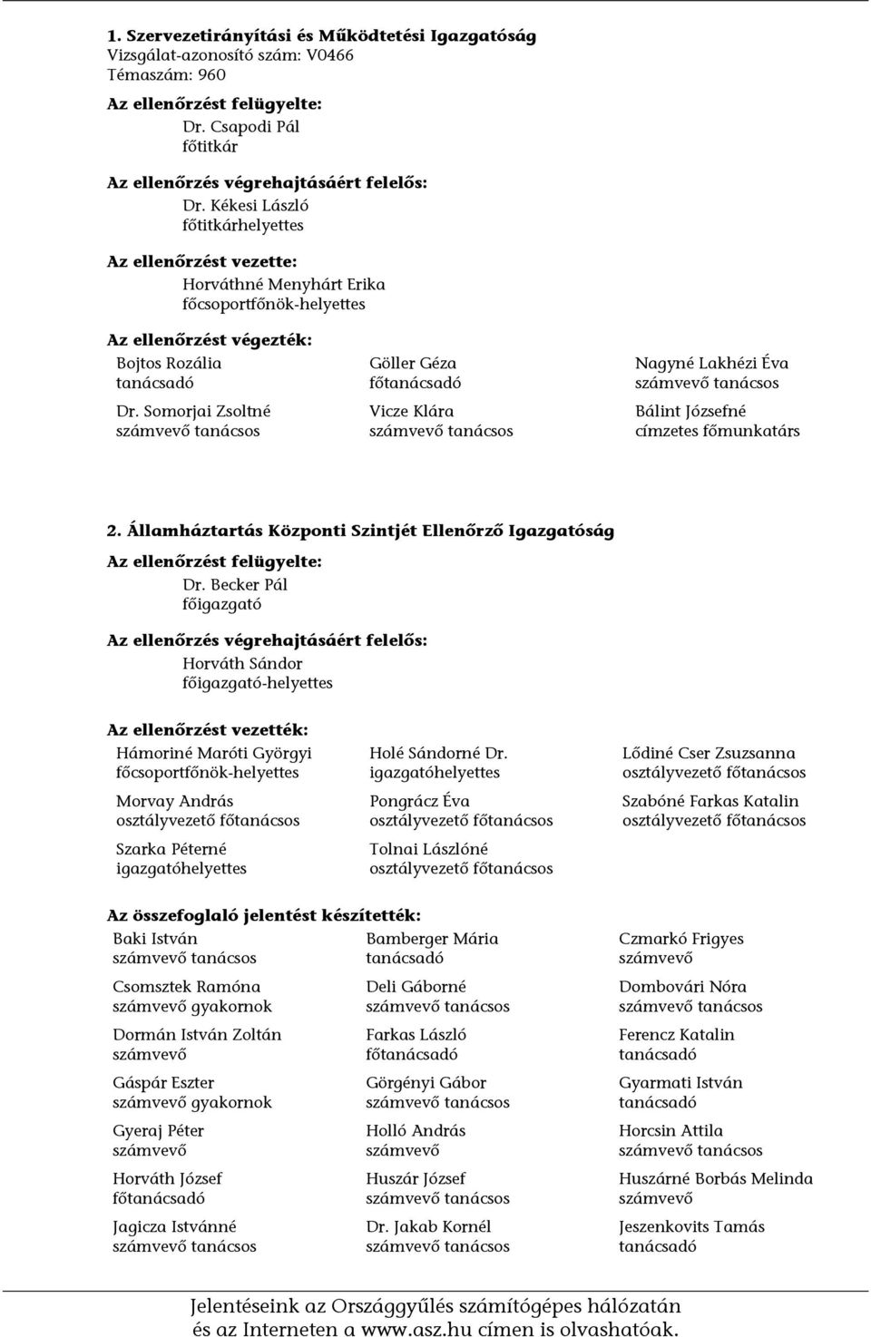 Somorjai Zsoltné számvevő tanácsos Göller Géza főtanácsadó Vicze Klára számvevő tanácsos Nagyné Lakhézi Éva számvevő tanácsos Bálint Józsefné címzetes főmunkatárs 2.