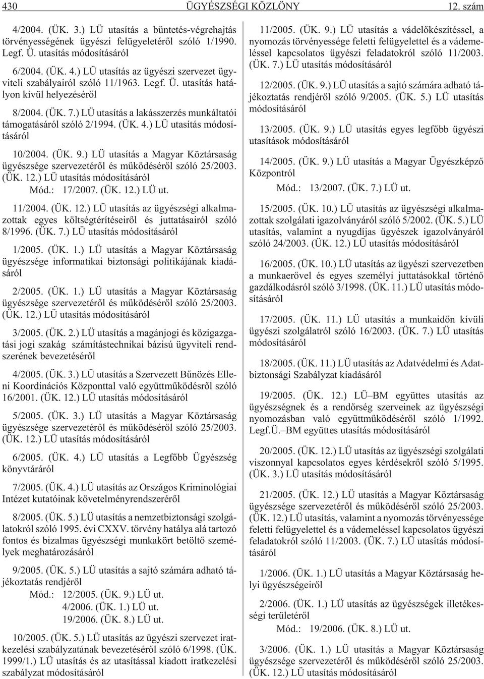 ) LÜ utasítás a Magyar Köztársaság ügyészsége szervezetérõl és mûködésérõl szóló 25/2003. (ÜK. 12.) LÜ utasítás Mód.: 17/2007. (ÜK. 12.) LÜ ut. 11/2004. (ÜK. 12.) LÜ utasítás az ügyészségi alkalmazottak egyes költségtérítéseirõl és juttatásairól szóló 8/1996.