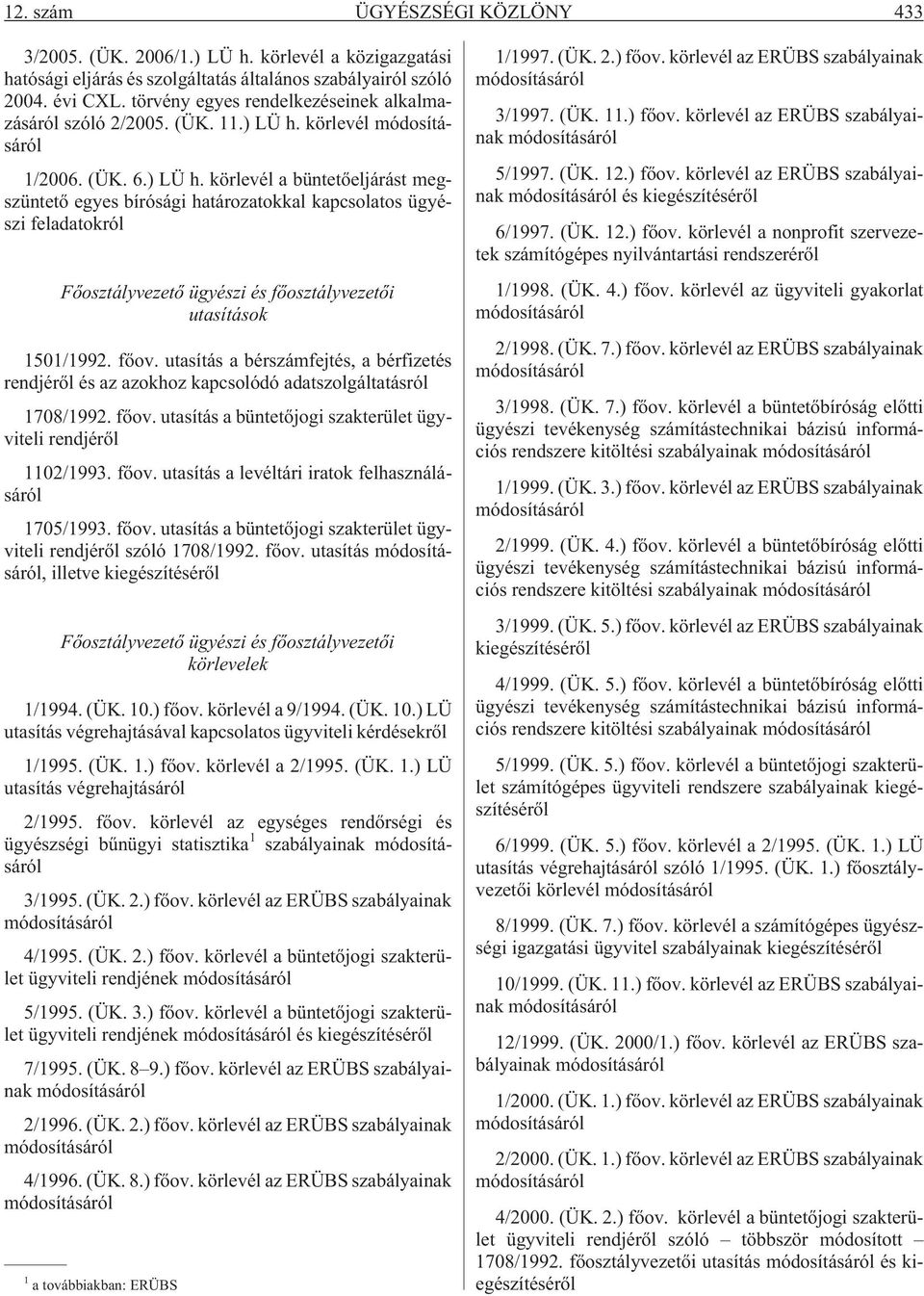 körlevél 1/2006. (ÜK. 6.) LÜ h. körlevél a büntetõeljárást megszüntetõ egyes bírósági határozatokkal kapcsolatos ügyészi feladatokról Fõosztályvezetõ ügyészi és fõosztályvezetõi utasítások 1501/1992.