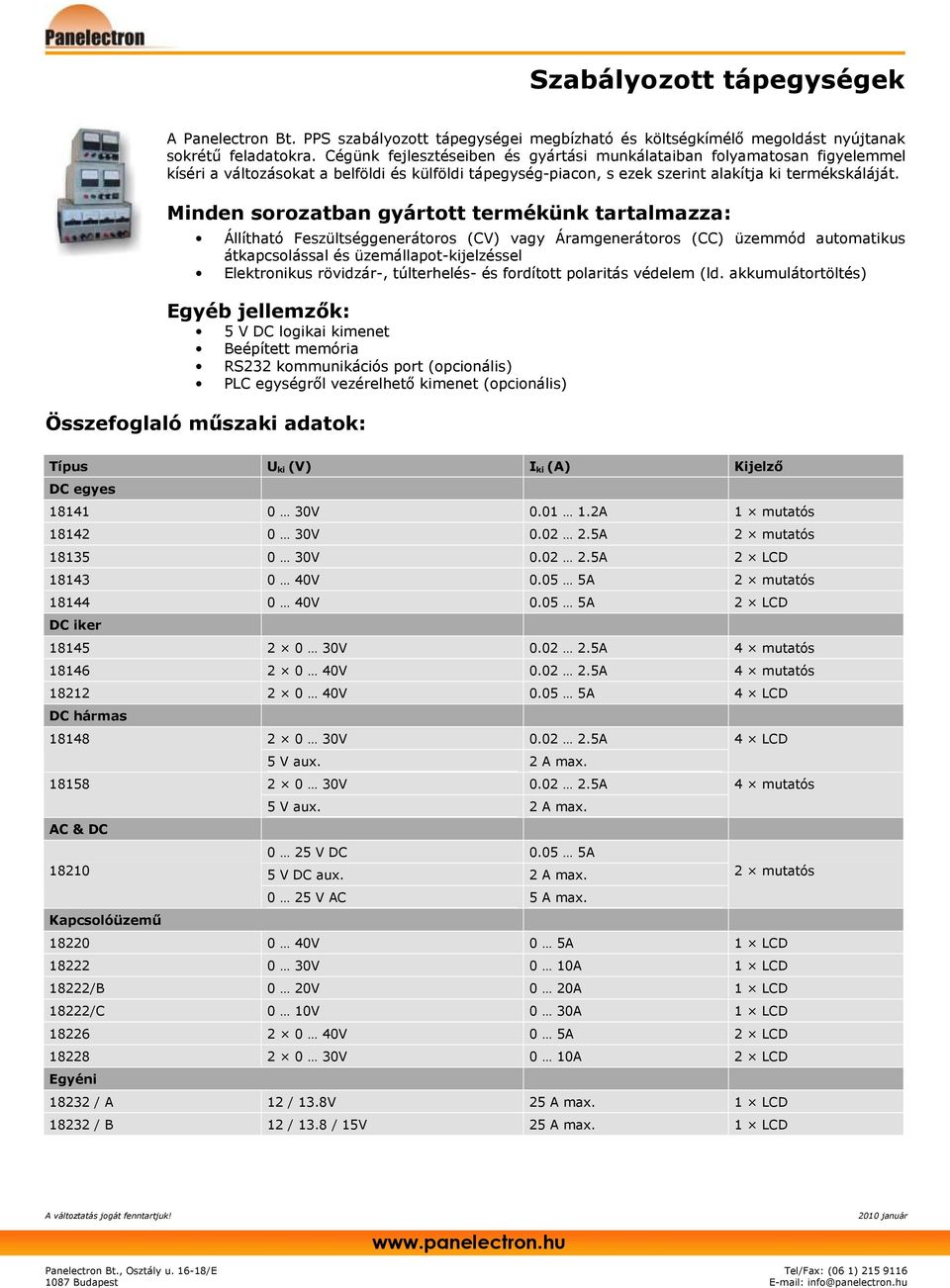 Minden sorozatban gyártott termékünk tartalmazza: Állítható Feszültséggenerátoros (CV) vagy Áramgenerátoros (CC) üzemmód automatikus átkapcsolással és üzemállapot-kijelzéssel Elektronikus rövidzár-,