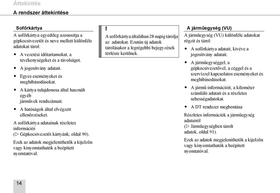 Egyes eseményeket és meghibásodásokat. A kártya tulajdonosa által használt egyéb járművek rendszámait. A hatóságok által elvégzett ellenőrzéseket.