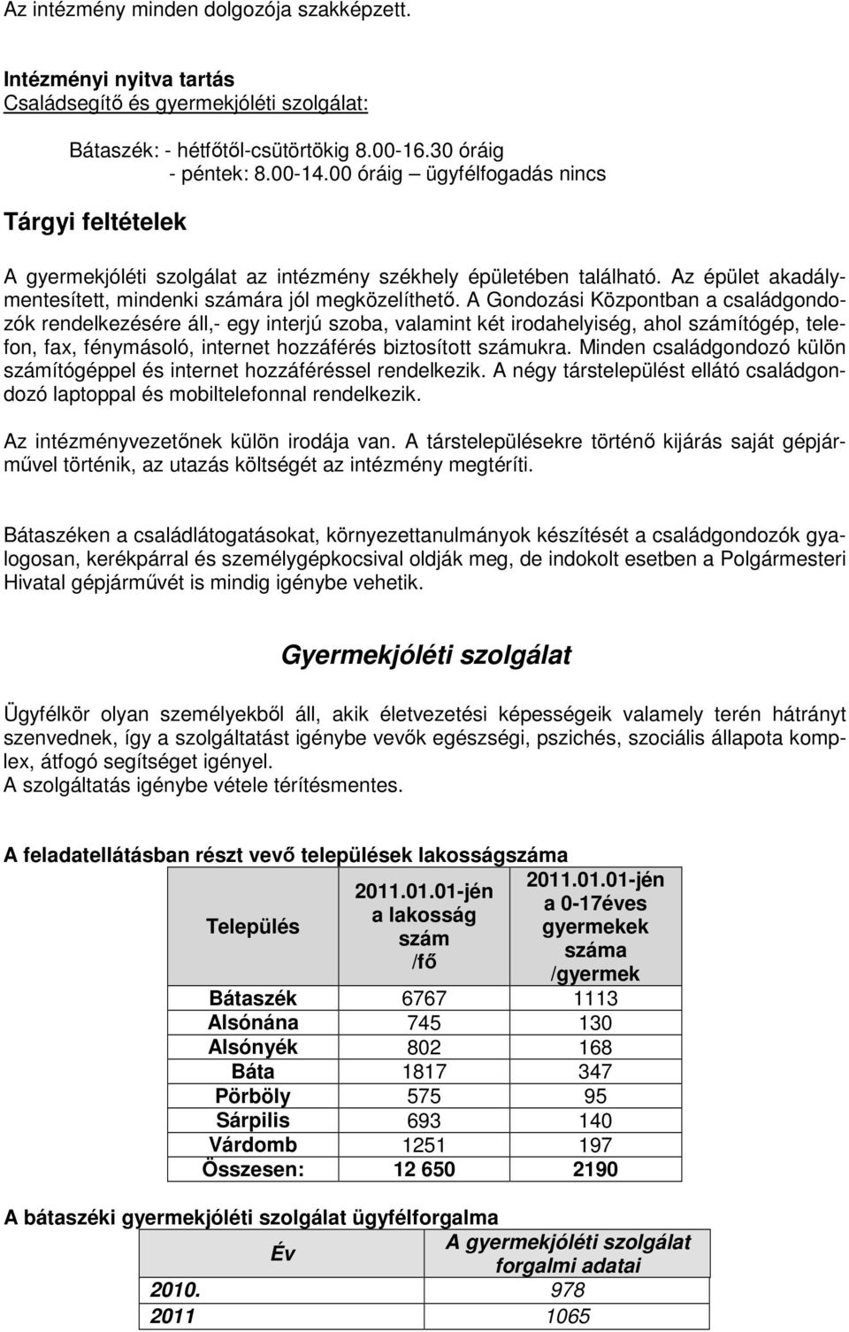 A Gondozási Központban a családgondozók rendelkezésére áll,- egy interjú szoba, valamint két irodahelyiség, ahol számítógép, telefon, fax, fénymásoló, internet hozzáférés biztosított számukra.