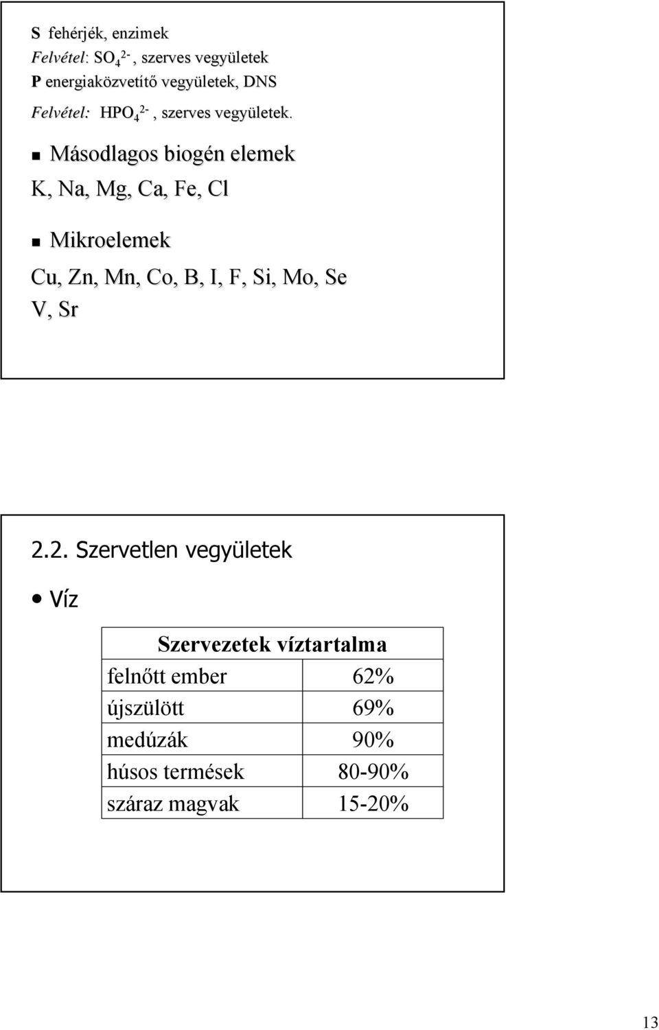 Másodlagos biogén elemek K, Na, Mg, Ca, Fe,, Cl Mikroelemek Cu, Zn, Mn, Co,, B, I, F, Si, Mo,,