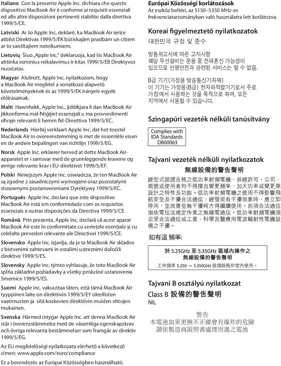 deklaruoja, kad šis MacBook Air atitinka esminius reikalavimus ir kitas 1999/5/EB Direktyvos nuostatas. Magyar Alulírott, Apple Inc.