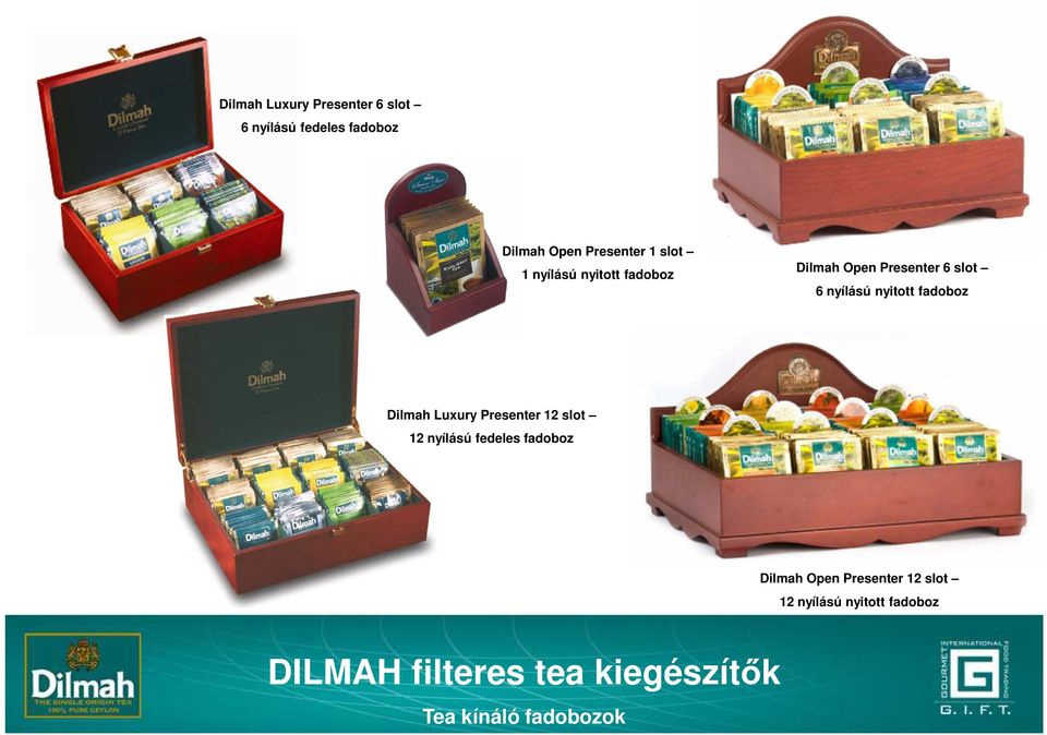 fadoboz Dilmah Luxury Presenter 12 slot 12 nyílású fedeles fadoboz Dilmah Open