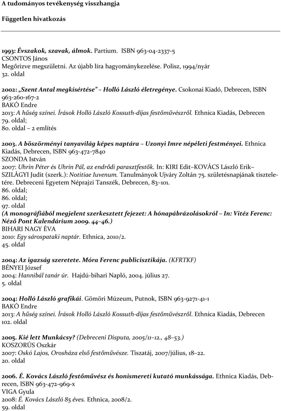 Írások Holló László Kossuth-díjas festőművészről. Ethnica Kiadás, Debrecen 79. oldal; 80. oldal 2 említés 2003. A böszörményi tanyavilág képes naptára Uzonyi Imre népéleti festményei.