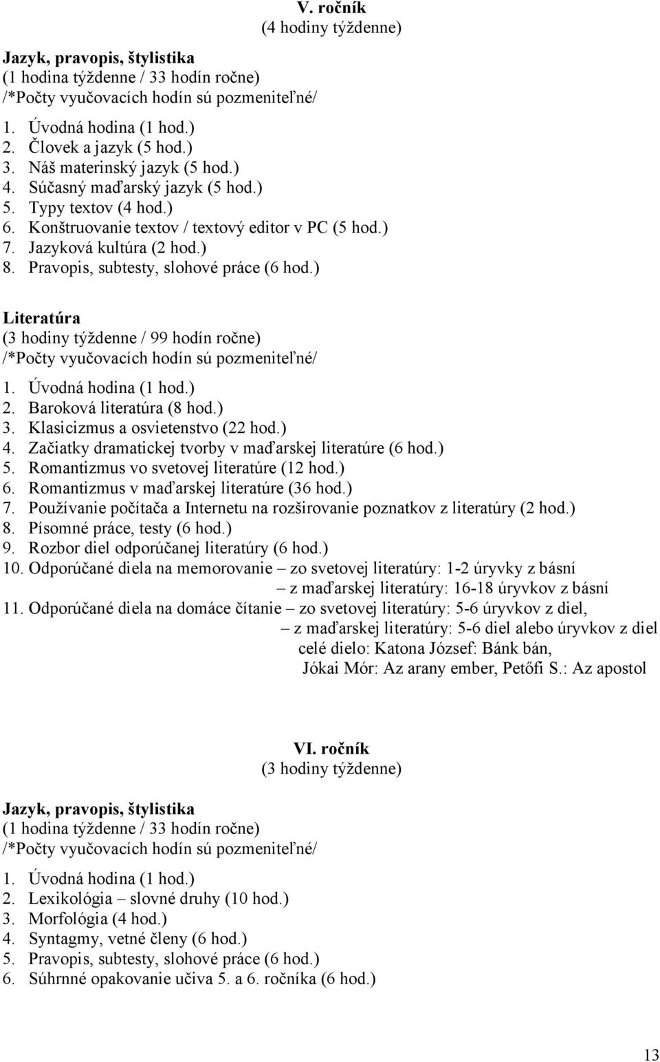 Pravopis, subtesty, slohové práce (6 hod.) Literatúra (3 hodiny týždenne / 99 hodín ročne) /*Počty vyučovacích hodín sú pozmeniteľné/ 1. Úvodná hodina (1 hod.) 2. Baroková literatúra (8 hod.) 3.