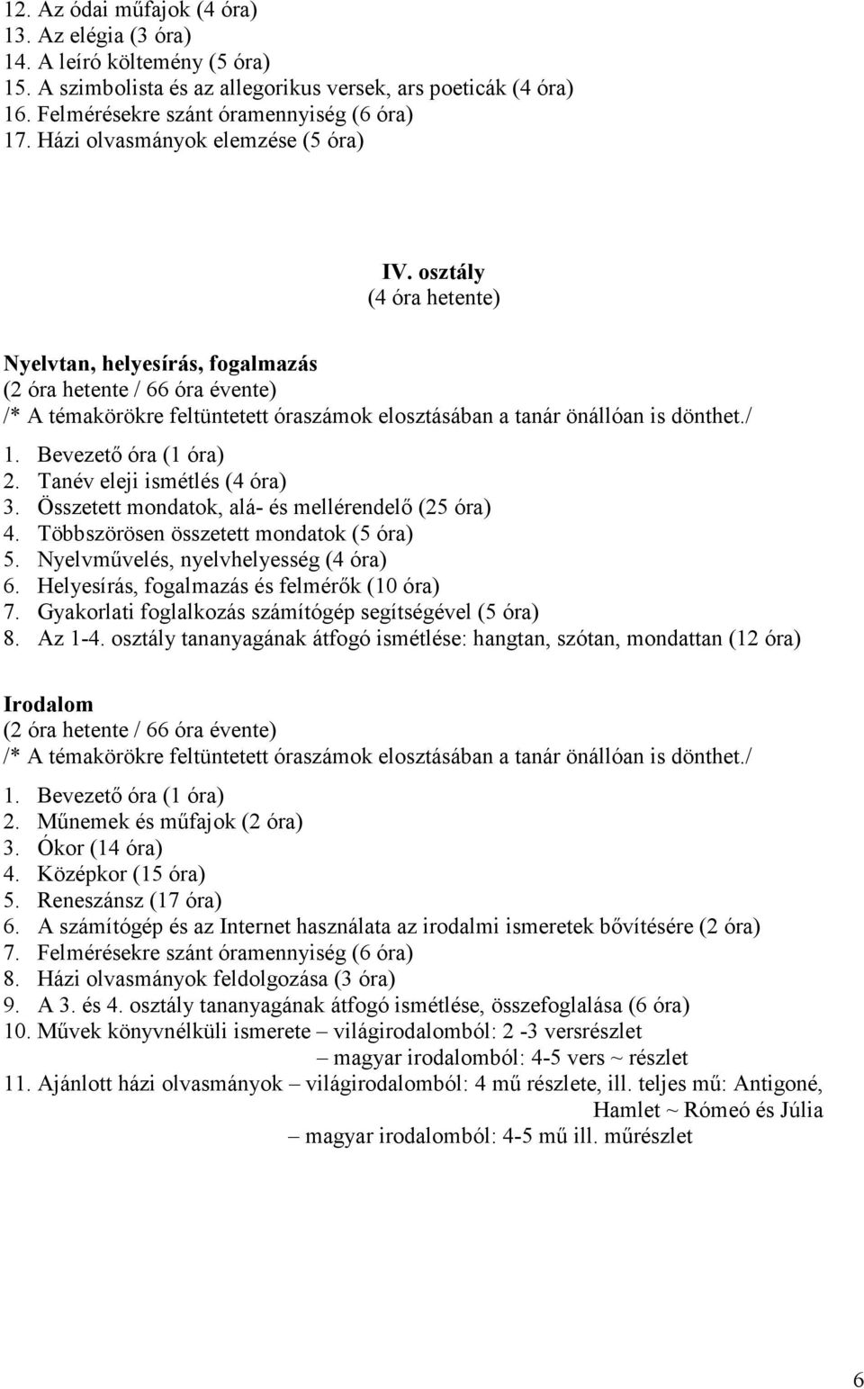 Összetett mondatok, alá- és mellérendelő (25 óra) 4. Többszörösen összetett mondatok (5 óra) 5. Nyelvművelés, nyelvhelyesség (4 óra) 6. Helyesírás, fogalmazás és felmérők (10 óra) 7.