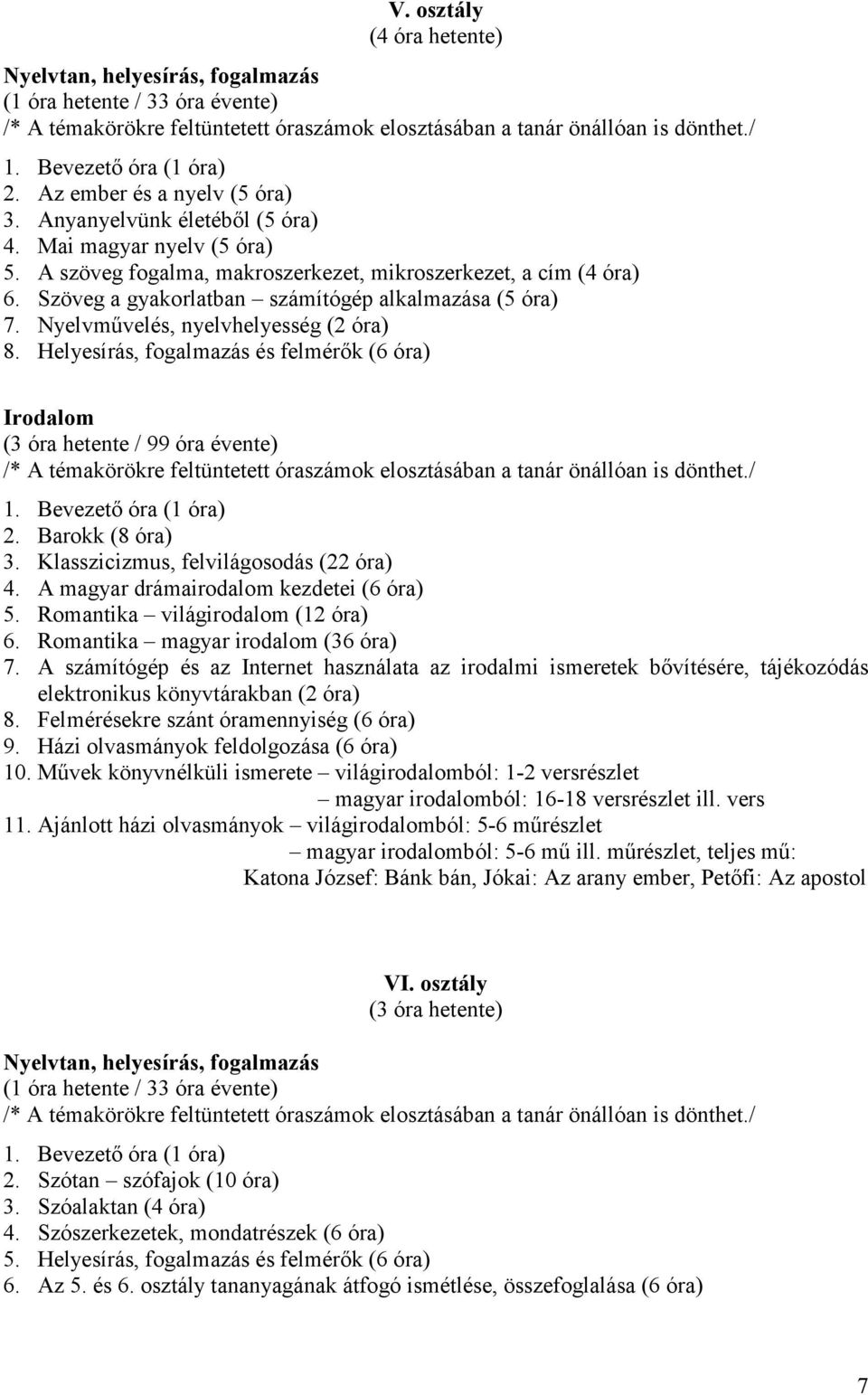 Helyesírás, fogalmazás és felmérők (6 óra) Irodalom (3 óra hetente / 99 óra évente) 2. Barokk (8 óra) 3. Klasszicizmus, felvilágosodás (22 óra) 4. A magyar drámairodalom kezdetei (6 óra) 5.