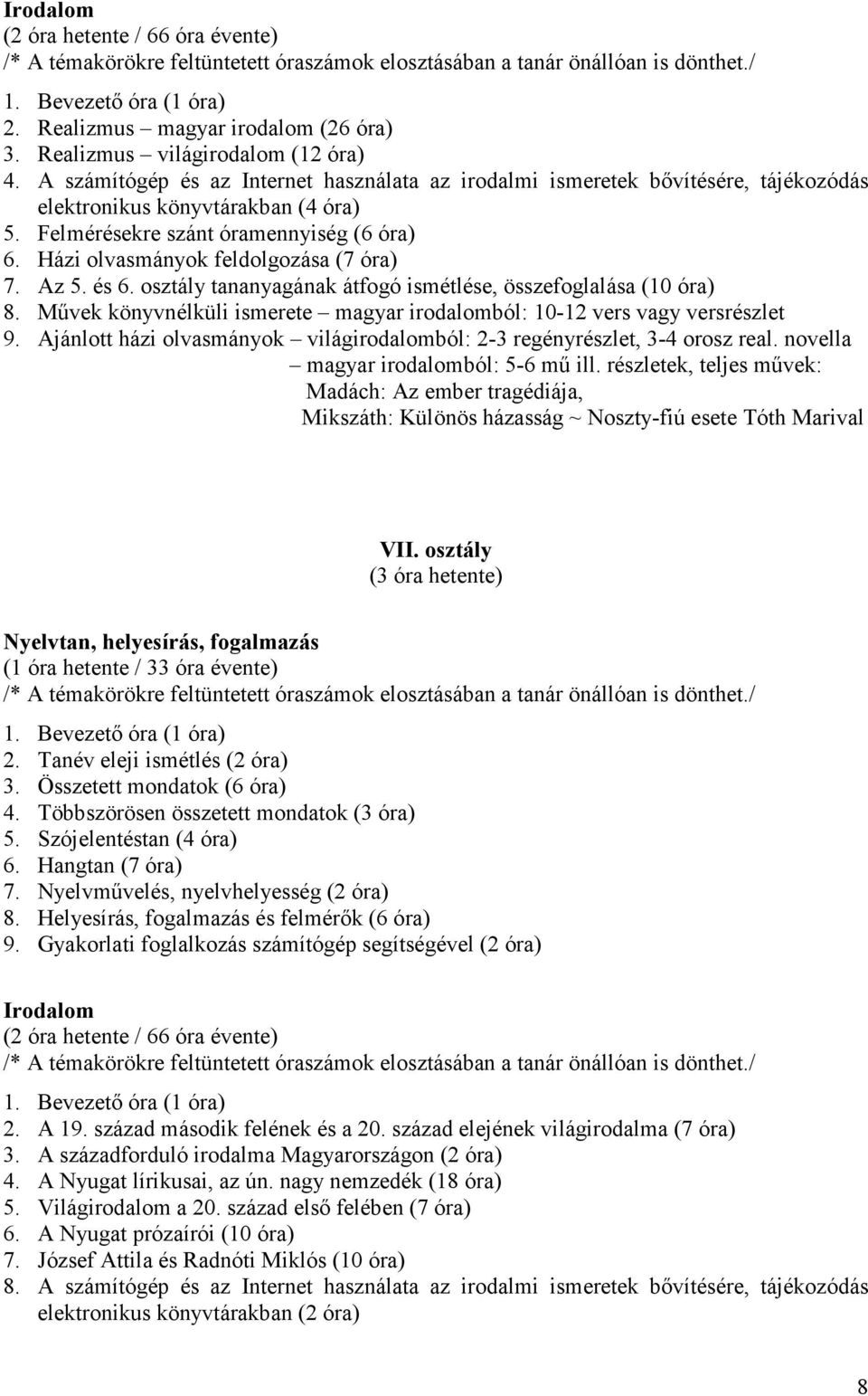Házi olvasmányok feldolgozása (7 óra) 7. Az 5. és 6. osztály tananyagának átfogó ismétlése, összefoglalása (10 óra) 8. Művek könyvnélküli ismerete magyar irodalomból: 10-12 vers vagy versrészlet 9.