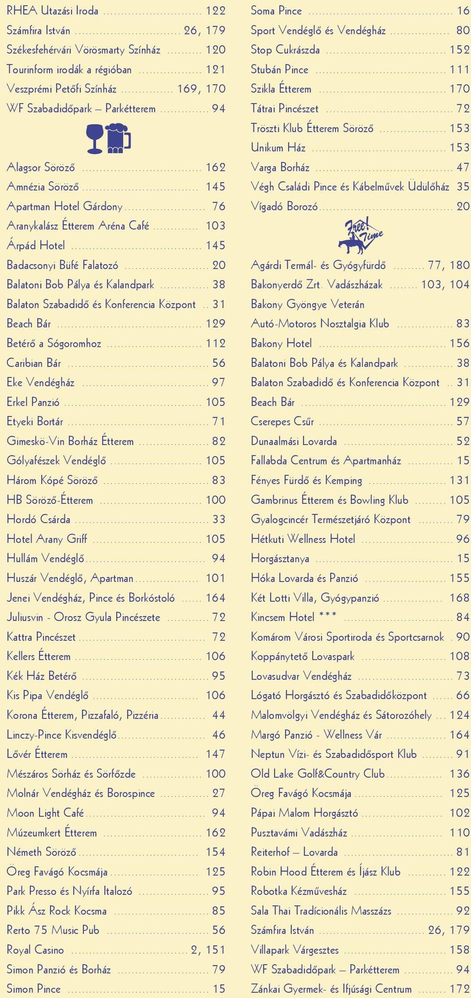 .. 38 Balaton Szabadidő és Konferencia Központ.. 31 Beach Bár... 129 Betérő a Sógoromhoz... 112 Caribian Bár... 56 Eke Vendégház... 97 Erkel Panzió... 105 Etyeki Bortár... 71 Gimeskö-Vin Borház Étterem.