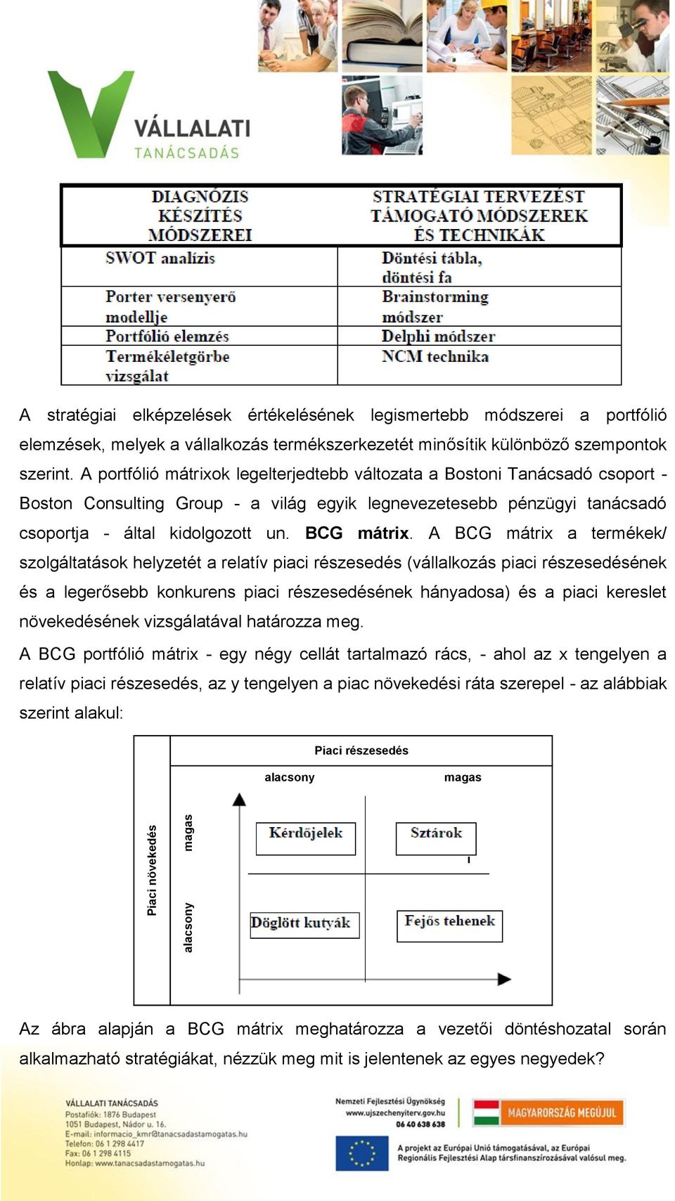 A BCG mátrix a termékek/ szolgáltatások helyzetét a relatív piaci részesedés (vállalkozás piaci részesedésének és a legerősebb konkurens piaci részesedésének hányadosa) és a piaci kereslet