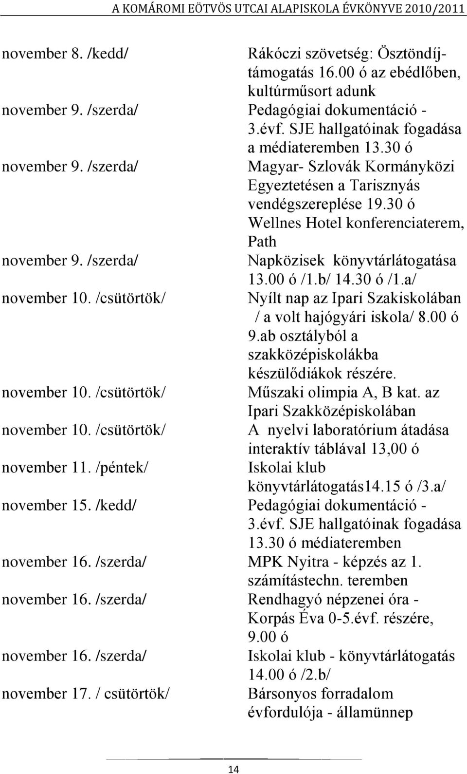 00 ó /1.b/ 14.30 ó /1.a/ november 10. /csütörtök/ Nyílt nap az Ipari Szakiskolában / a volt hajógyári iskola/ 8.00 ó 9.ab osztályból a szakközépiskolákba készülődiákok részére. november 10. /csütörtök/ Műszaki olimpia A, B kat.