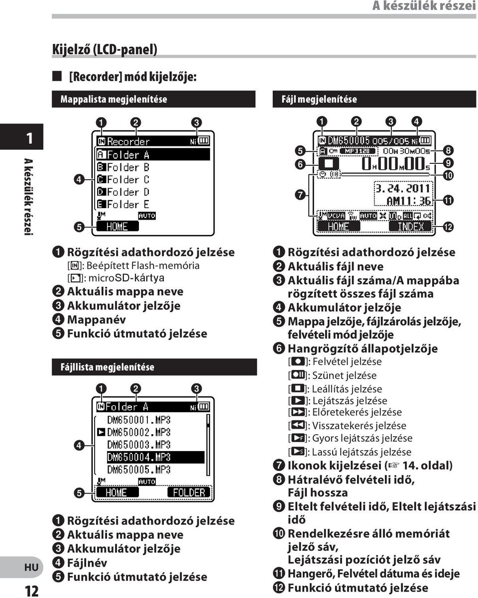 3 1 Rögzítési adathordozó jelzése 2 Aktuális mappa neve 3 Akkumulátor jelzője 4 Fájlnév 5 Funkció útmutató jelzése 1 Rögzítési adathordozó jelzése 2 Aktuális fájl neve 3 Aktuális fájl száma/a mappába