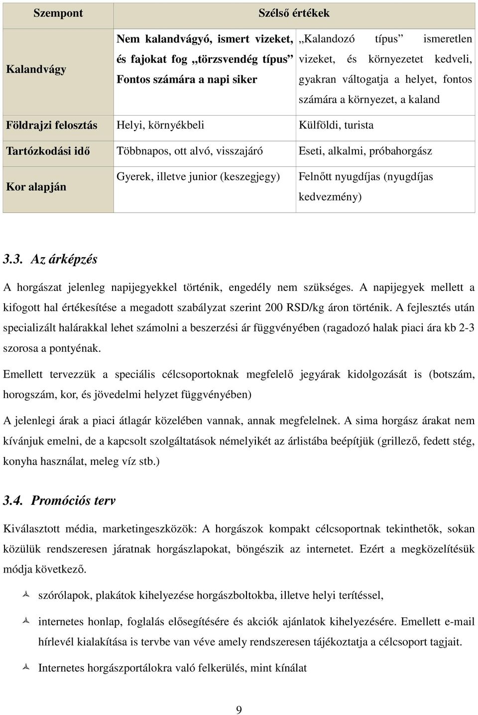 alapján Gyerek, illetve junior (keszegjegy) Felnıtt nyugdíjas (nyugdíjas kedvezmény) 3.3. Az árképzés A horgászat jelenleg napijegyekkel történik, engedély nem szükséges.