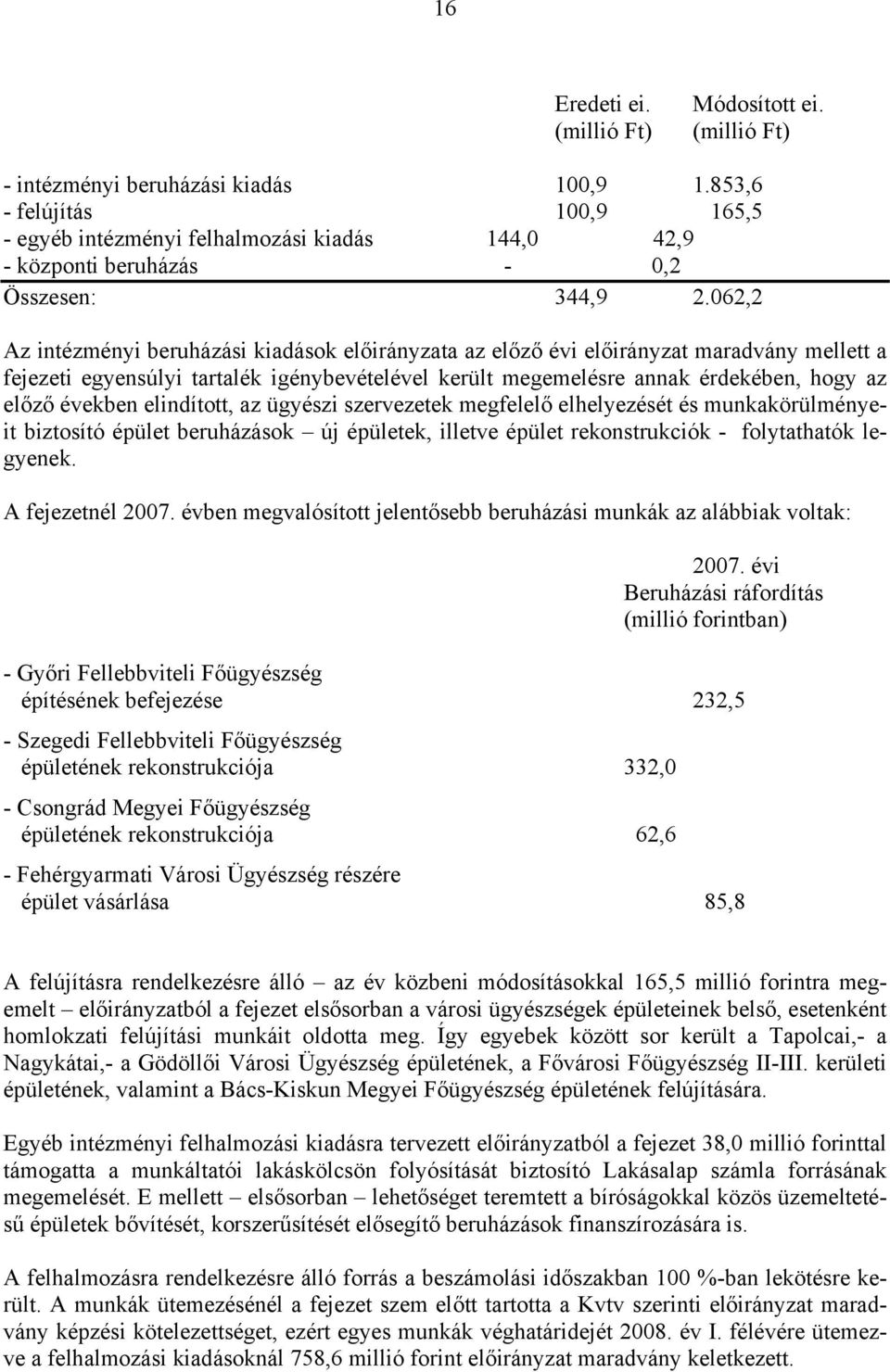 062,2 Az intézményi beruházási kiadások előirányzata az előző évi előirányzat maradvány mellett a fejezeti egyensúlyi tartalék igénybevételével került megemelésre annak érdekében, hogy az előző