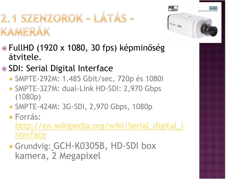 485 Gbit/sec, 720p és 1080i SMPTE-327M: dual-link HD-SDI: 2,970 Gbps (1080p)