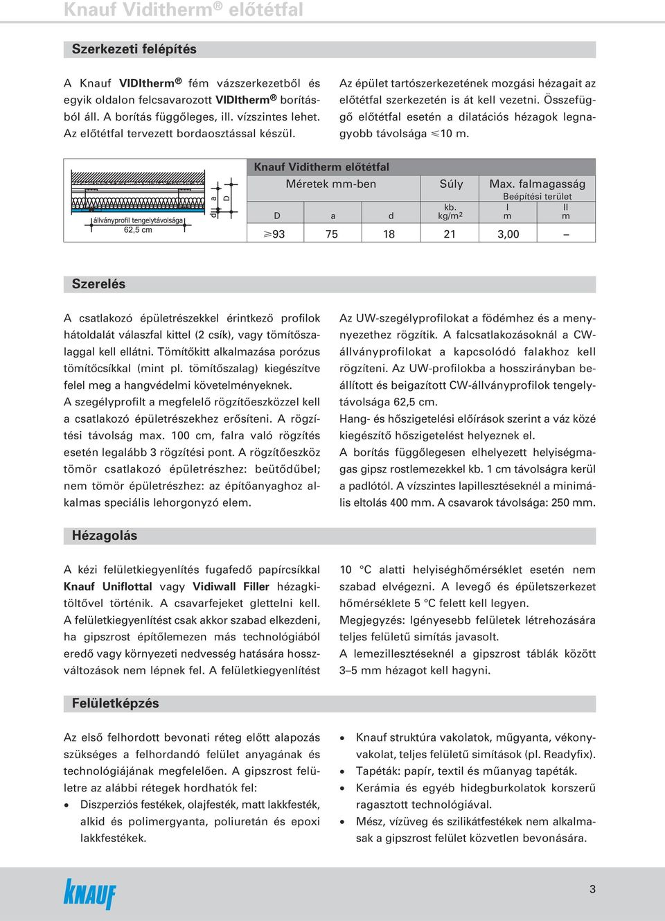 Összefüggô elôtétfal esetén a dilatációs hézagok legnagyobb távolsága 10 m. Knauf Viditherm elôtétfal Méretek mm-ben Súly Max. falmagasság Beépítési terület kb.