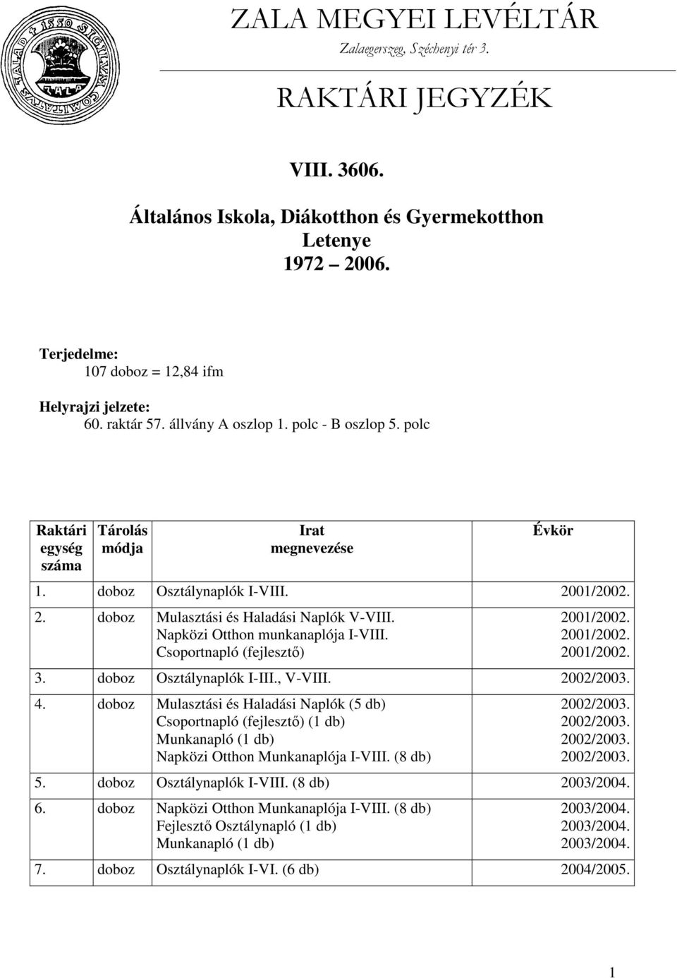 Csoportnapló (fejlesztő) 2001/ 2001/ 2001/ 3. doboz Osztálynaplók I-III., V-VIII. 2002/ 4.