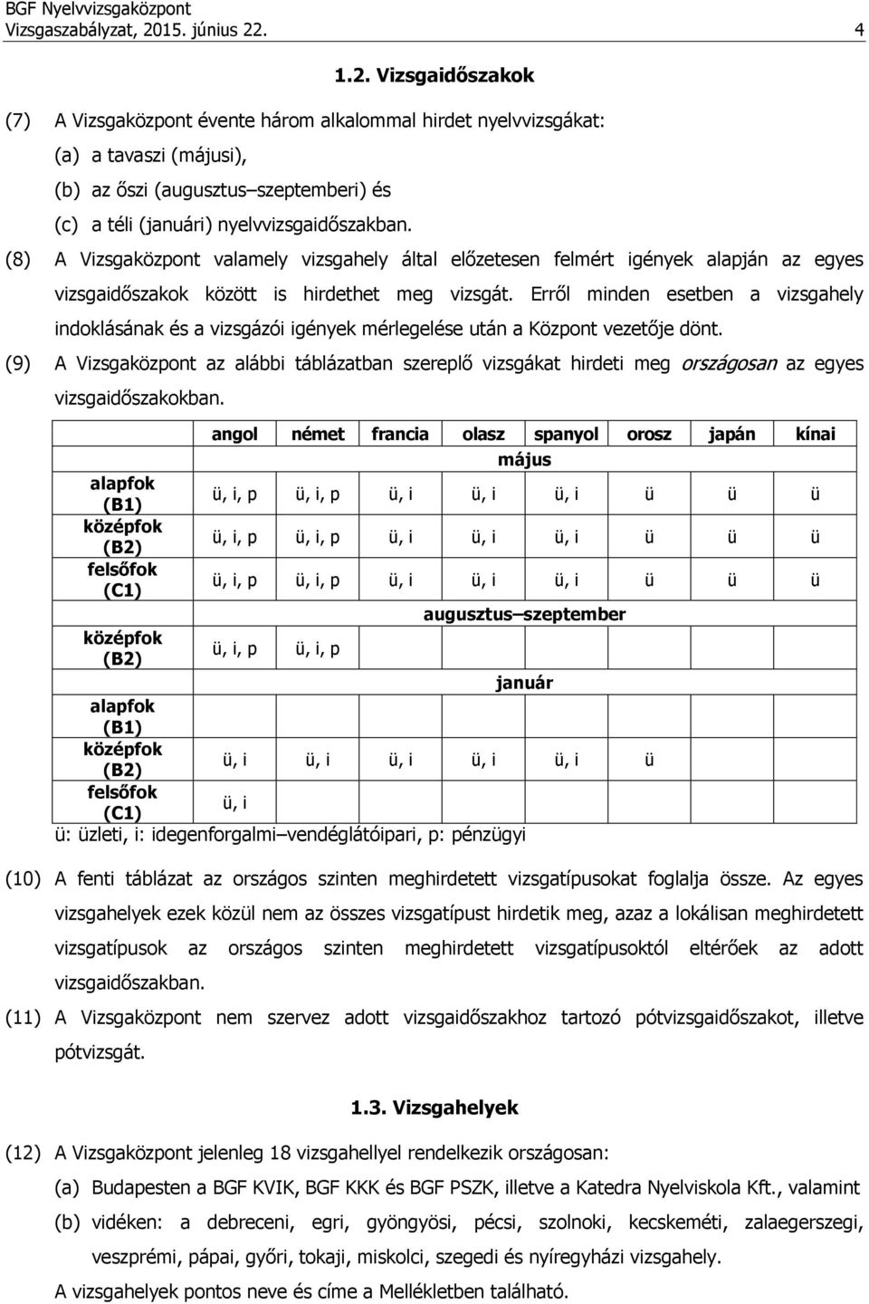 . 4 1.2. Vizsgaidőszakok (7) A Vizsgaközpont évente három alkalommal hirdet nyelvvizsgákat: (a) a tavaszi (májusi), (b) az őszi (augusztus szeptemberi) és (c) a téli (januári) nyelvvizsgaidőszakban.