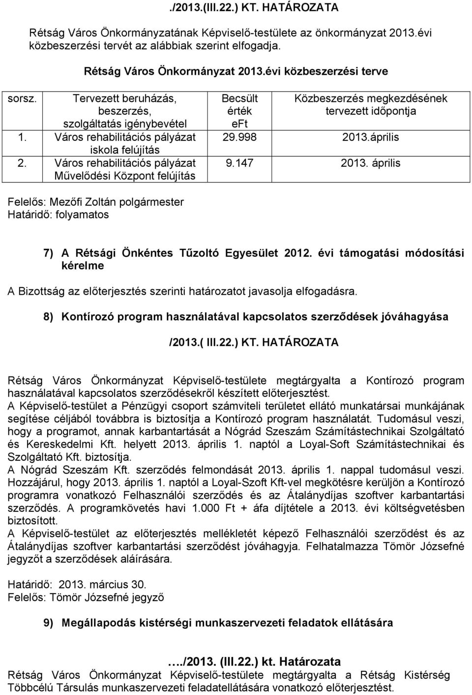 Város rehabilitációs pályázat Művelődési Központ felújítás Becsült érték eft Közbeszerzés megkezdésének tervezett időpontja 29.998 2013.április 9.147 2013.