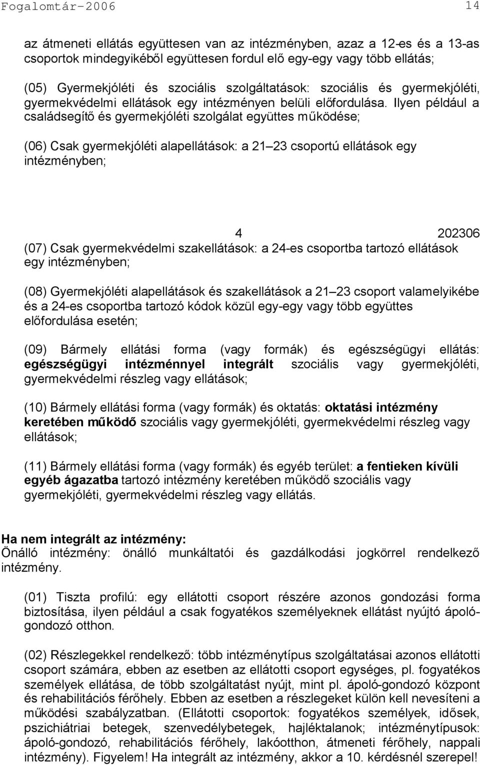 Ilyen például a családsegítőés gyermekjóléti szolgálat együttes működése; (06) Csak gyermekjóléti alapellátások: a 21 23 csoportú ellátások egy intézményben; 4 202306 (07) Csak gyermekvédelmi