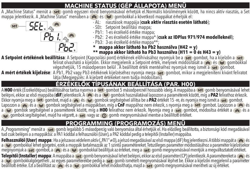 értéke mappa; - Pb2: 2-es érzékelő értéke mappa* (csak az IDPlus 971/974 modelleknél); - Pb3: 3-as érzékelő értéke mappa**; * mappa akkor látható ha Pb2 használva (H42 = y) ** mappa akkor látható ha