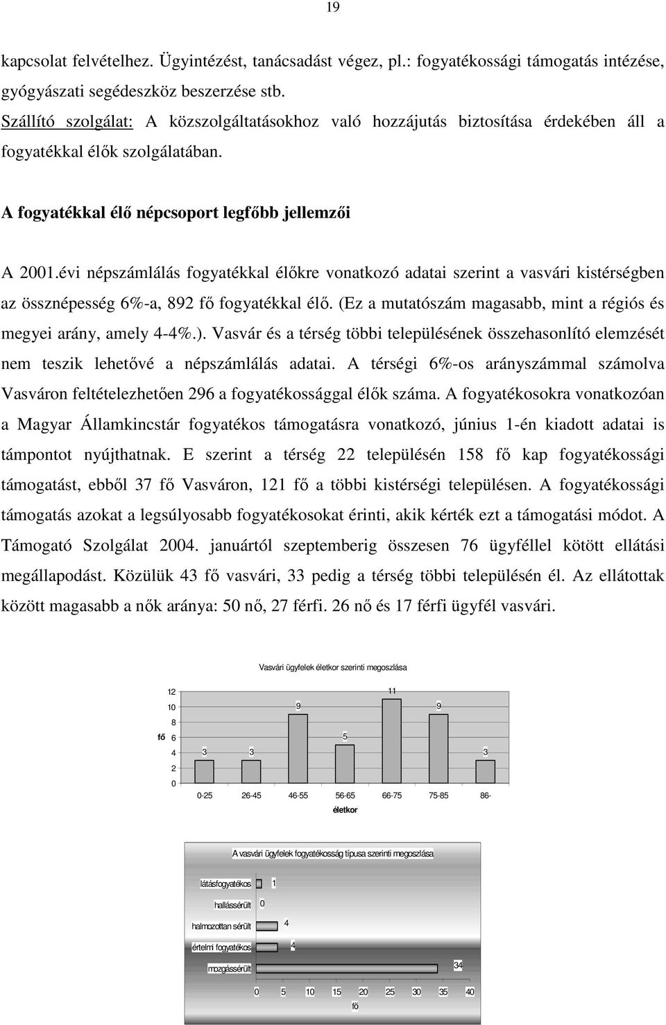 évi népszámlálás fogyatékkal élıkre vonatkozó adatai szerint a vasvári kistérségben az össznépesség 6%-a, 892 fı fogyatékkal élı. (Ez a mutatószám magasabb, mint a régiós és megyei arány, amely 4-4%.