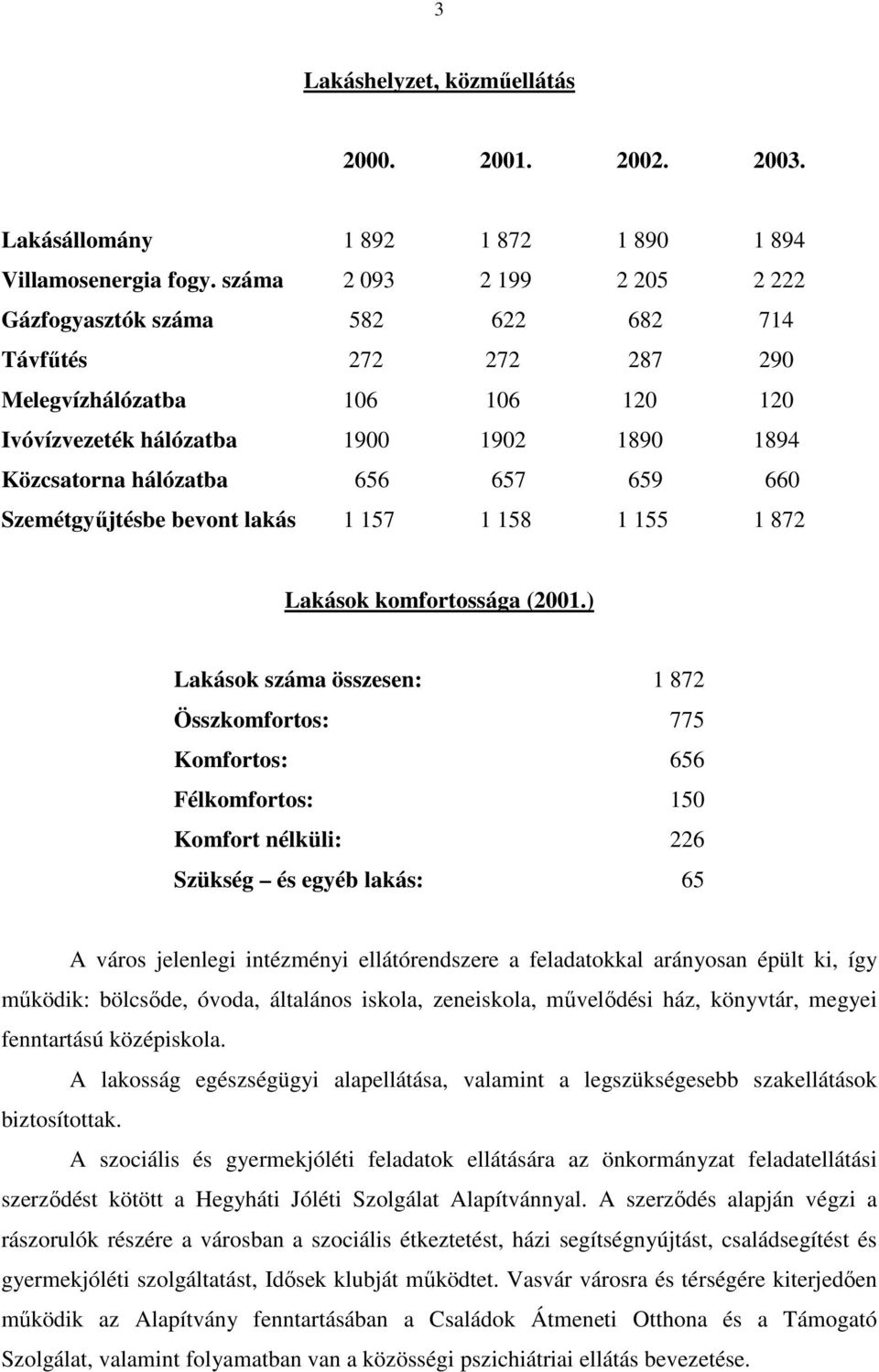 659 660 Szemétgyőjtésbe bevont lakás 1 157 1 158 1 155 1 872 Lakások komfortossága (2001.