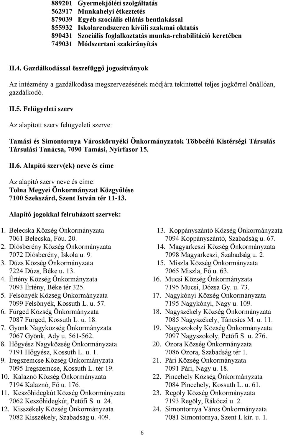 II.5. Felügyeleti szerv Az alapított szerv felügyeleti szerve: Tamási és Simontornya Városkörnyéki Önkormányzatok Többcélú Kistérségi Társulás Társulási Tanácsa, 7090 Tamási, Nyírfasor 15. II.6.