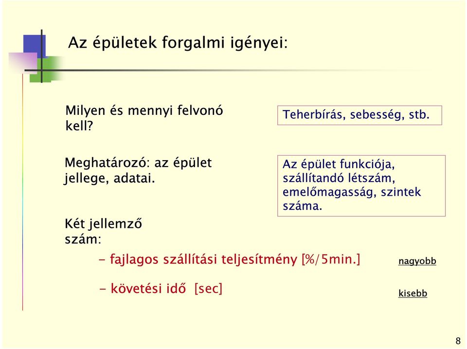 Két jellemző szám: Az épület funkciója, szállítandó létszám, emelőmagasság,