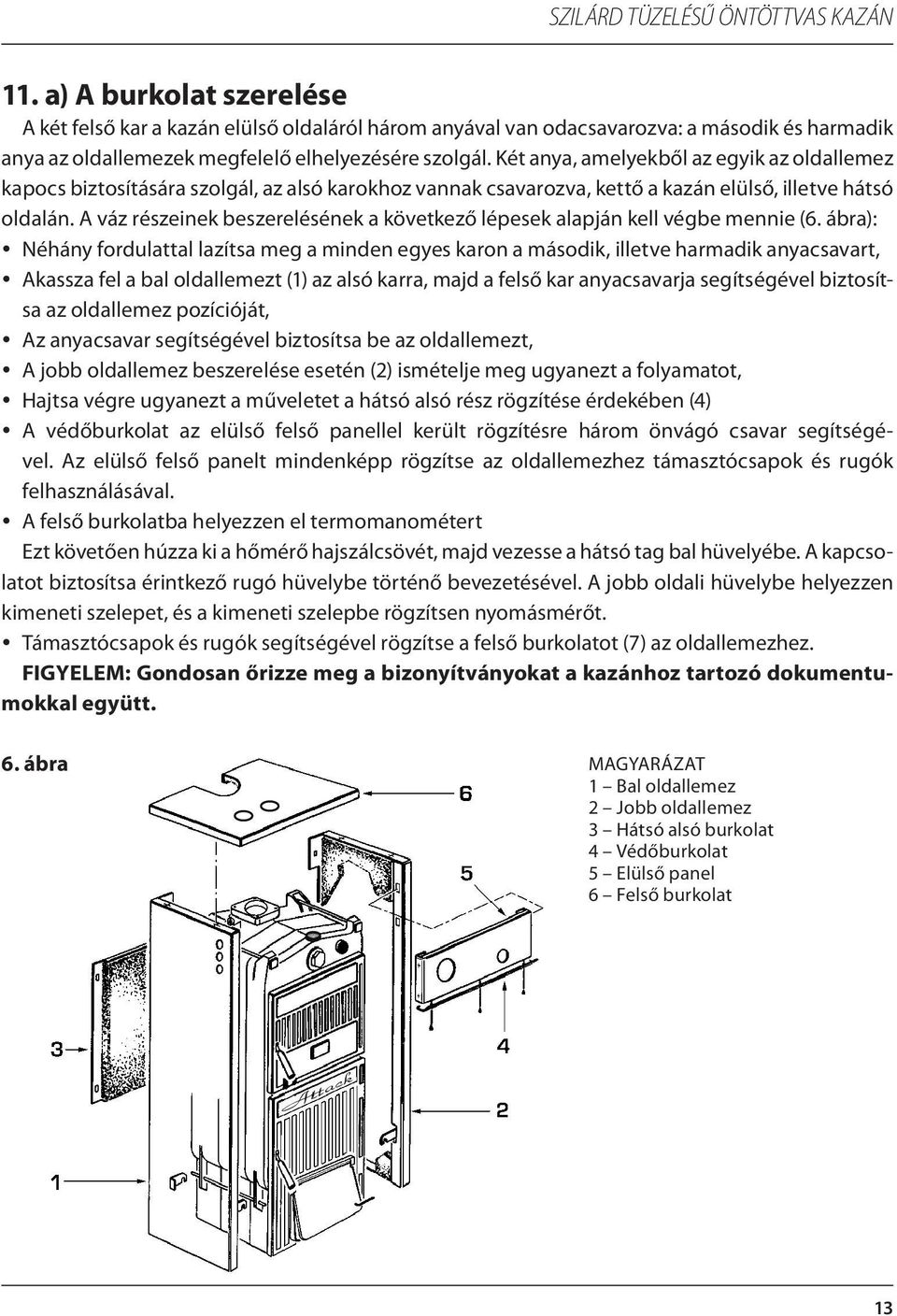 Két anya, amelyekből az egyik az oldallemez kapocs biztosítására szolgál, az alsó karokhoz vannak csavarozva, kettő a kazán elülső, illetve hátsó oldalán.