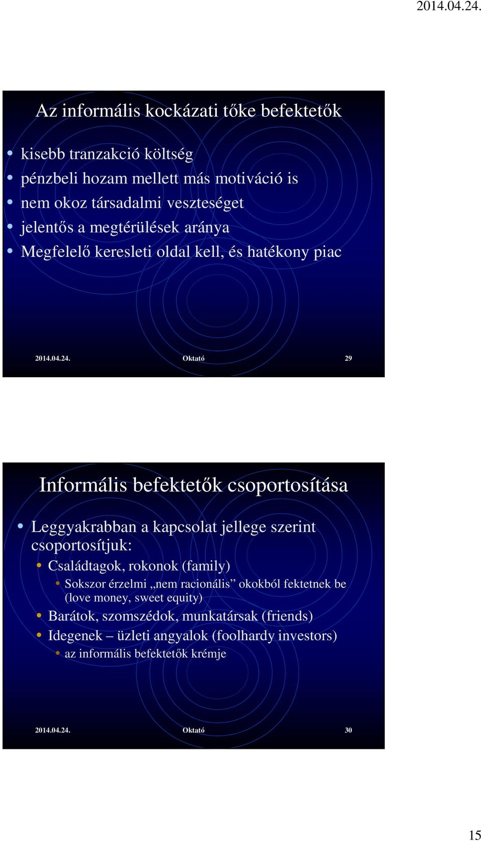 Oktató 29 Informális befektetők csoportosítása Leggyakrabban a kapcsolat jellege szerint csoportosítjuk: Családtagok, rokonok (family) Sokszor