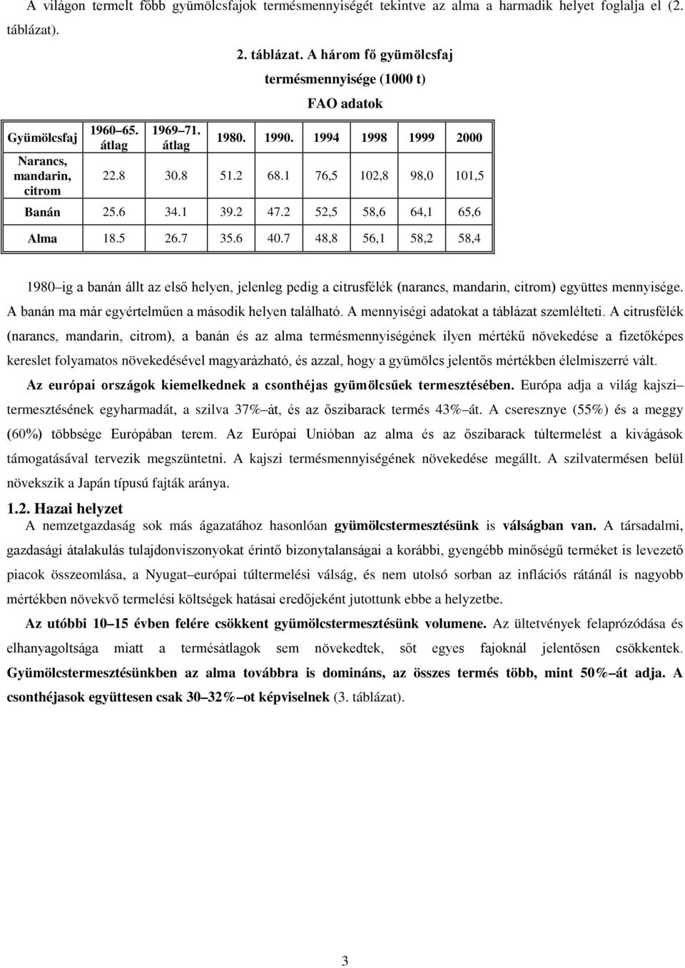 7 48,8 56,1 58,2 58,4 1980 ig a banán állt az első helyen, jelenleg pedig a citrusfélék (narancs, mandarin, citrom) együttes mennyisége. A banán ma már egyértelműen a második helyen található.