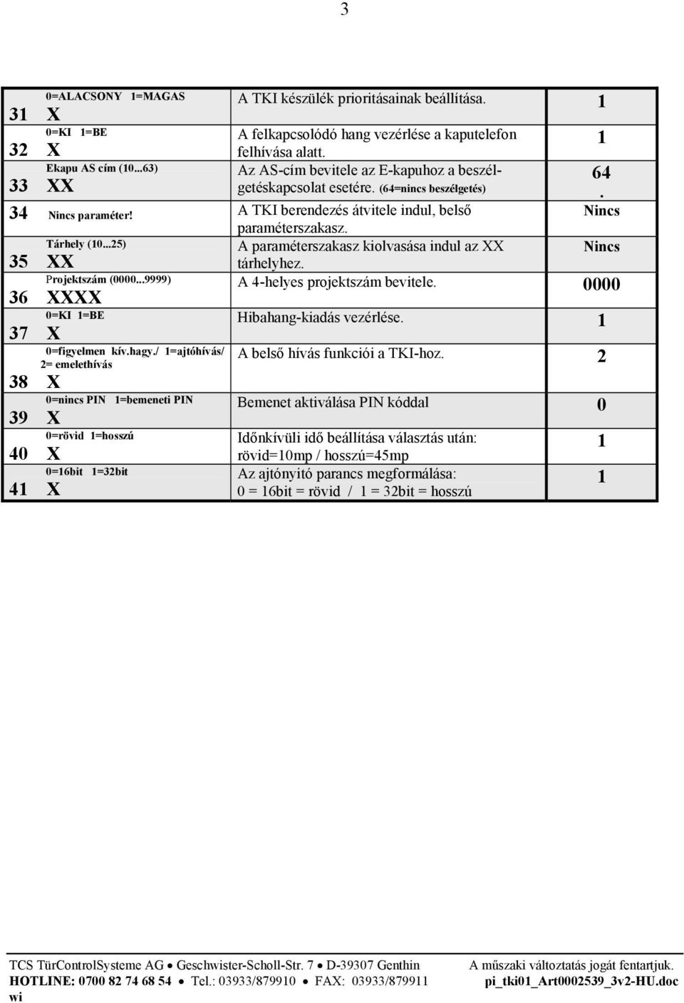 ..25) A paraméterszakasz kiolvasása indul az XX Nincs 35 XX tárhelyhez. Projektszám (0000...9999) A 4-helyes projektszám bevitele. 0000 36 XXXX 37 X 38 X 39 X 0=KI 1=BE 0=figyelmen kív.hagy.