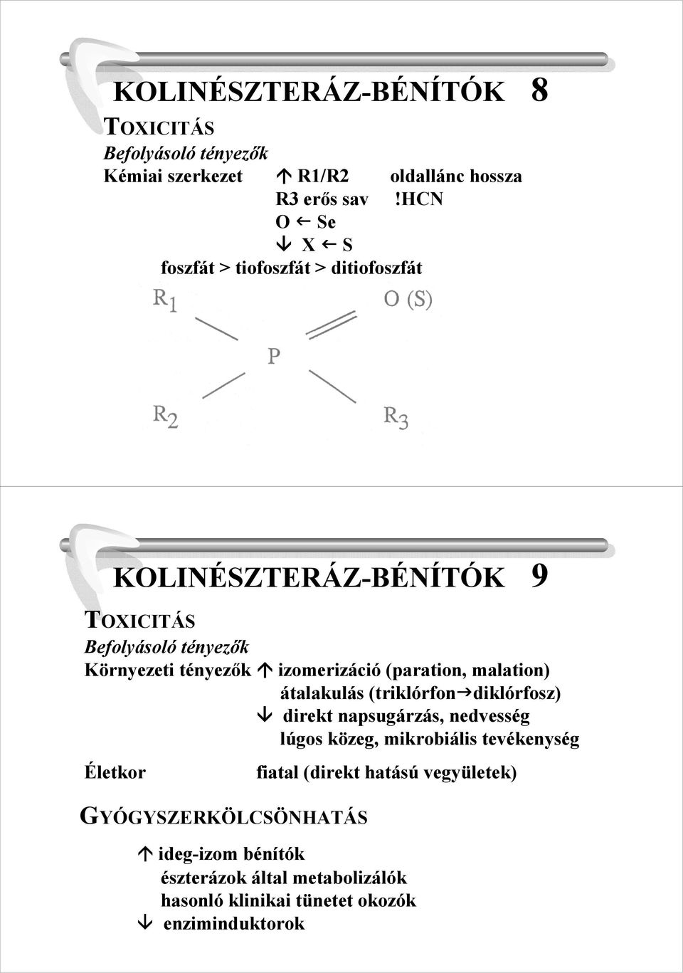 izomerizáció (paration, malation) átalakulás (triklórfon diklórfosz) direkt napsugárzás, nedvesség lúgos közeg, mikrobiális