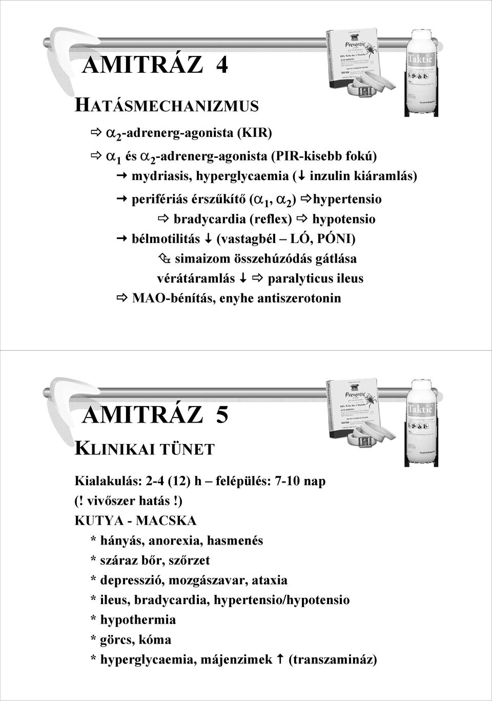 MAO-bénítás, enyhe antiszerotonin AMITRÁZ 5 KLINIKAI TÜNET Kialakulás: 2-4 (12) h felépülés: 7-10 nap (! vivıszer hatás!