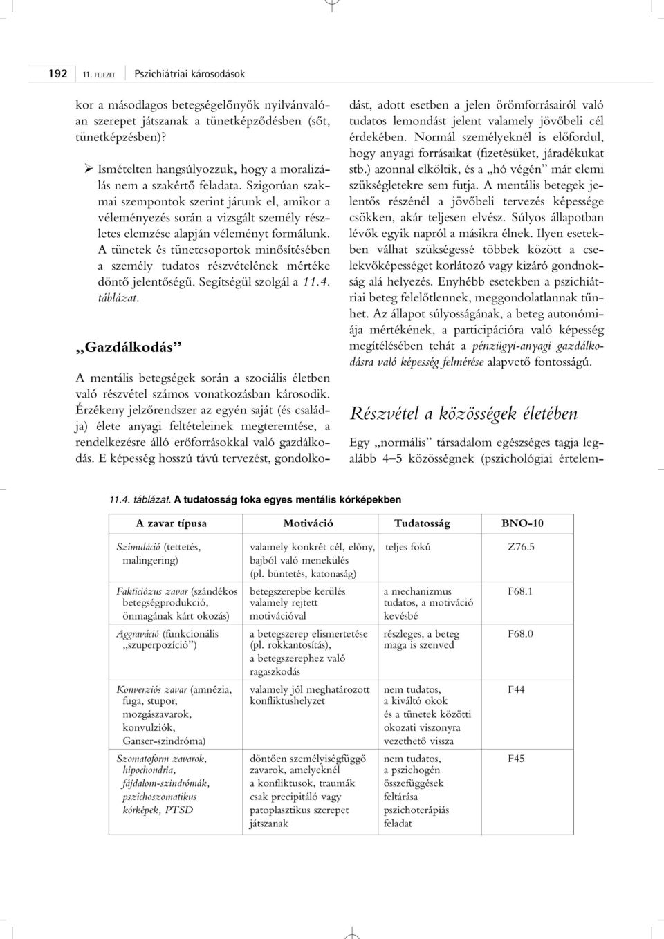 A tünetek és tünetcsoportok minôsítésében a személy tudatos részvételének mértéke döntô jelentôségû. Segítségül szolgál a 11.4. táblázat.