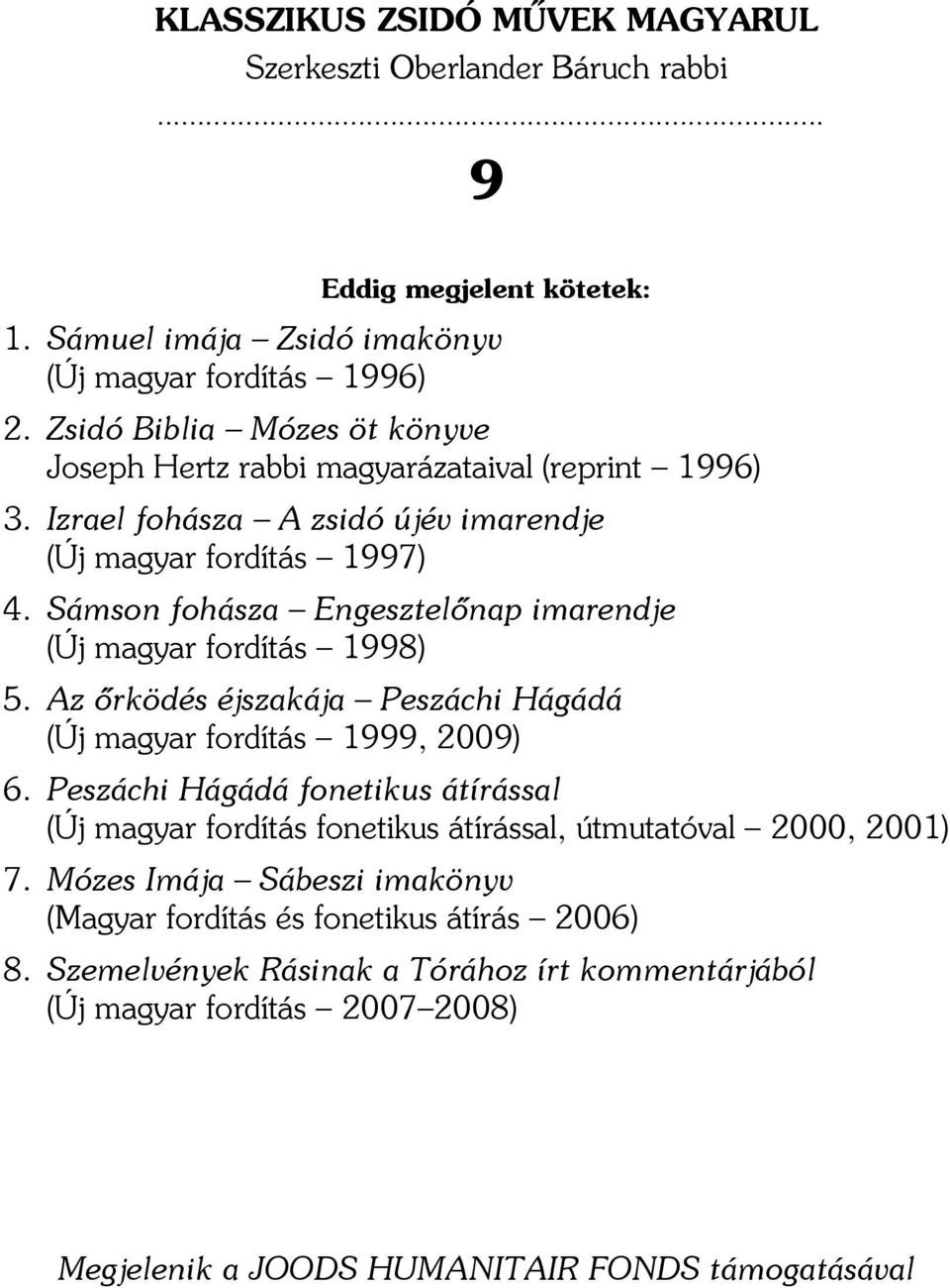 Sámson fohásza Engesztelőnap imarendje (Új magyar fordítás 1998) 5. Az őrködés éjszakája Peszáchi Hágádá (Új magyar fordítás 1999, 2009) 6.