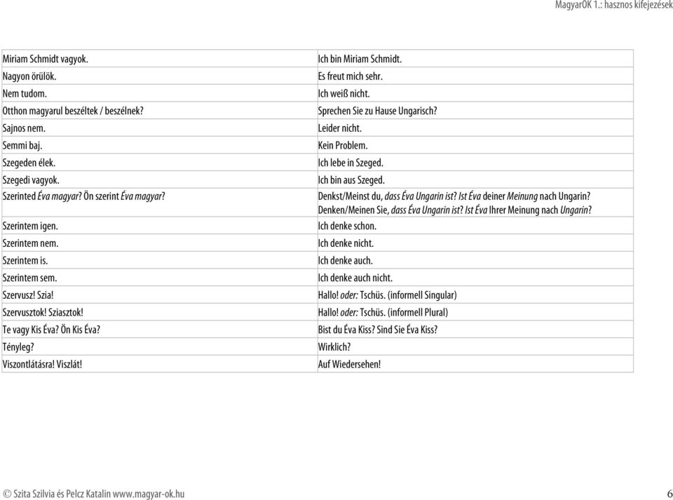 Es freut mich sehr. Ich weiß nicht. Sprechen Sie zu Hause Ungarisch? Leider nicht. Kein Problem. Ich lebe in Szeged. Ich bin aus Szeged. Denkst/Meinst du, dass Éva Ungarin ist?