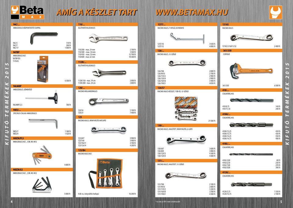 M5-M12 110 Ft 200 Ft 6 500 Ft 780 Ft 1 380 Ft 1 420 Ft 110/200 - max. 24 mm 110/300 - max. 34 mm 110/450 - max. 53 mm 110/600 - max. 62 mm 112N/... ÁLLÍTHATÓ VILLÁSKULCS 112N/150 - max.