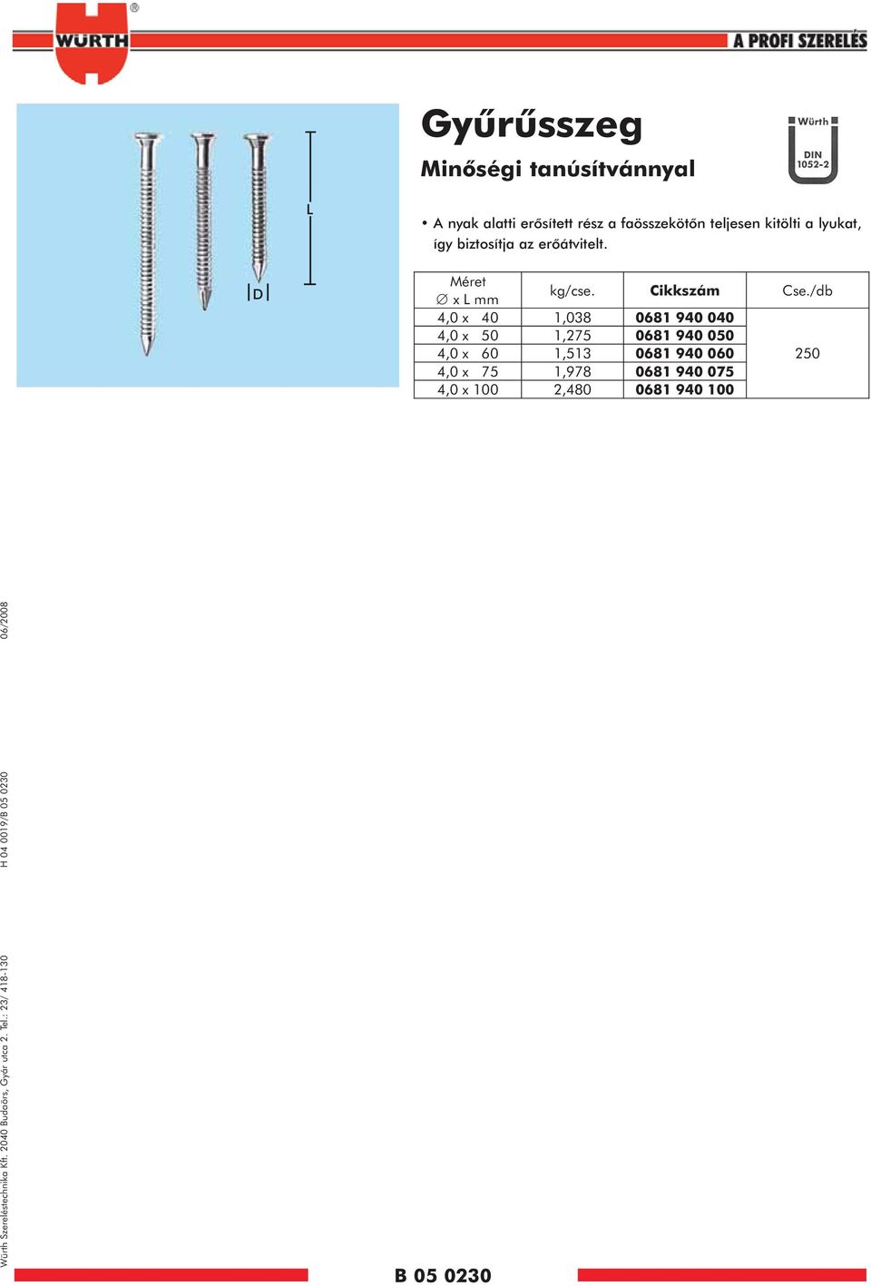 /db 4,0 x 40 1,038 0681 940 040 4,0 x 50 1,275 0681 940 050 4,0 x 60 1,513 0681 940 060 250 4,0 x 75 1,978