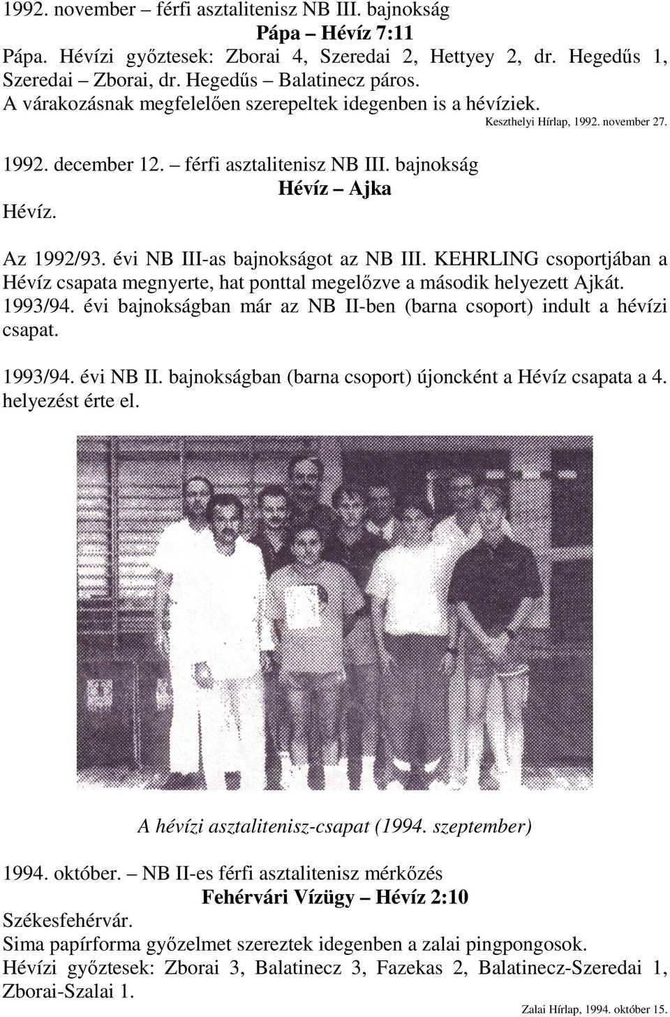 évi NB III-as bajnokságot az NB III. KEHRLING csoportjában a Hévíz csapata megnyerte, hat ponttal megelőzve a második helyezett Ajkát. 1993/94.