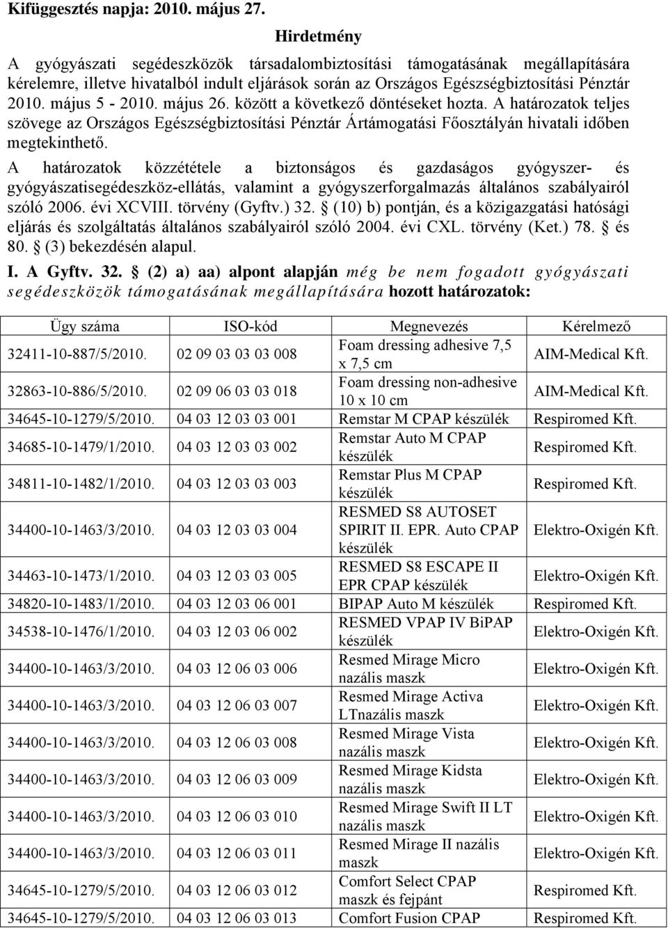 május 5-2010. május 26. között a következő döntéseket hozta. A határozatok teljes szövege az Országos Egészségbiztosítási Pénztár Ártámogatási Főosztályán hivatali időben megtekinthető.