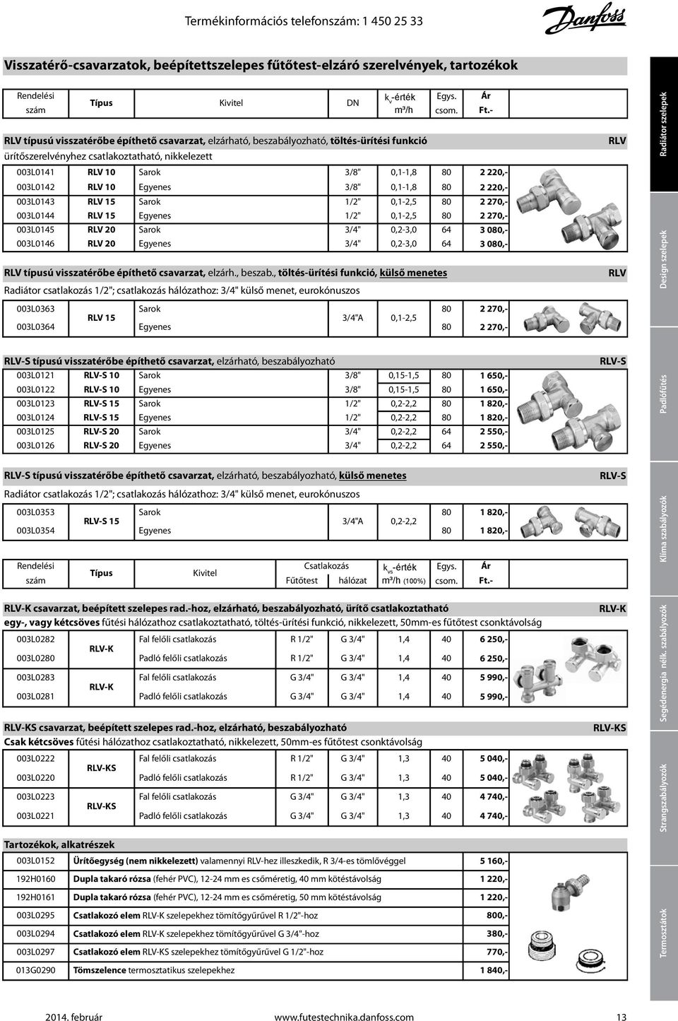 20 Egyenes 3/4" 0,2-3,0 64 Radiátor csatlakozás 1/2"; csatlakozás hálózathoz: 3/4" külső menet, eurokónuszos 003L0363 Sarok 80 RLV 15 3/4"A 0,1-2,5 003L0364 Egyenes 80 RLV-S típusú visszatérőbe