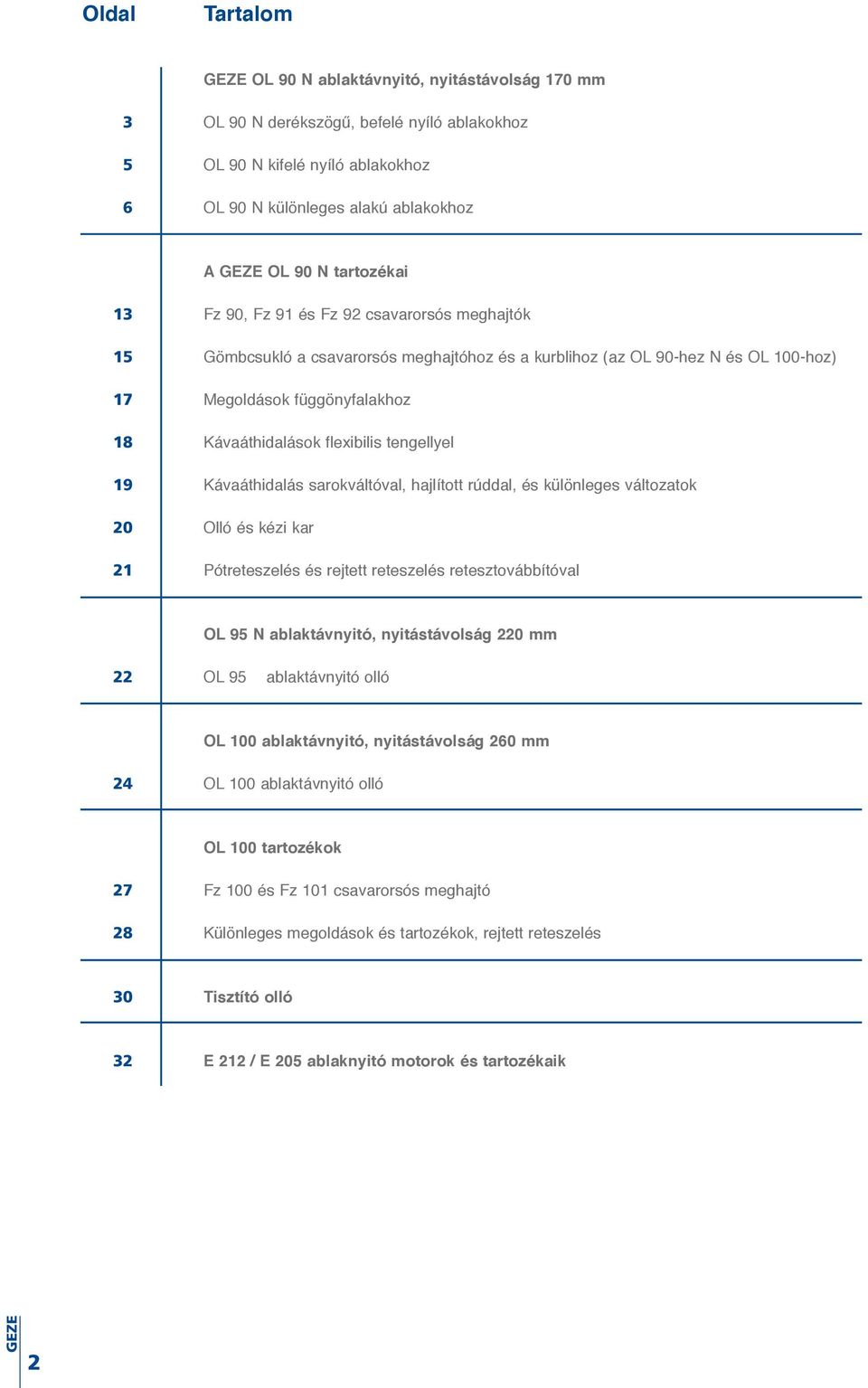 tengellyel 19 Kávaáthidalás sarokváltóval, hajlított rúddal, és különleges változatok 20 Olló és kézi kar 21 Pótreteszelés és rejtett reteszelés retesztovábbítóval OL 95 N ablaktávnyitó,