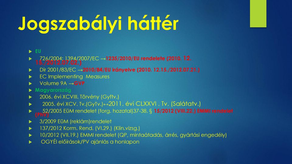 ) 52/2005 EüM rendelet (forg. hozatal)37-38. 15/2012 (VIII.22.) EMMI rendelet (PhV) 3/2009 EüM (reklám)rendelet 137/2012 Korm. Rend. (VI.29.