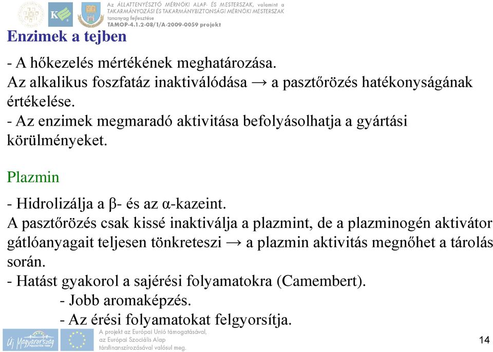 - Az enzimek megmaradó aktivitása befolyásolhatja a gyártási körülményeket. Plazmin - Hidrolizálja a β- és az α-kazeint.