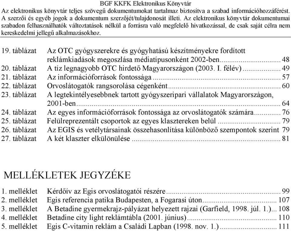 táblázat A legtekintélyesebbnek tartott gyógyszeripari vállalatok Magyarországon, 2001-ben... 64 24. táblázat Az egyes információforrások fontossága az orvoslátogatók számára... 76 25.